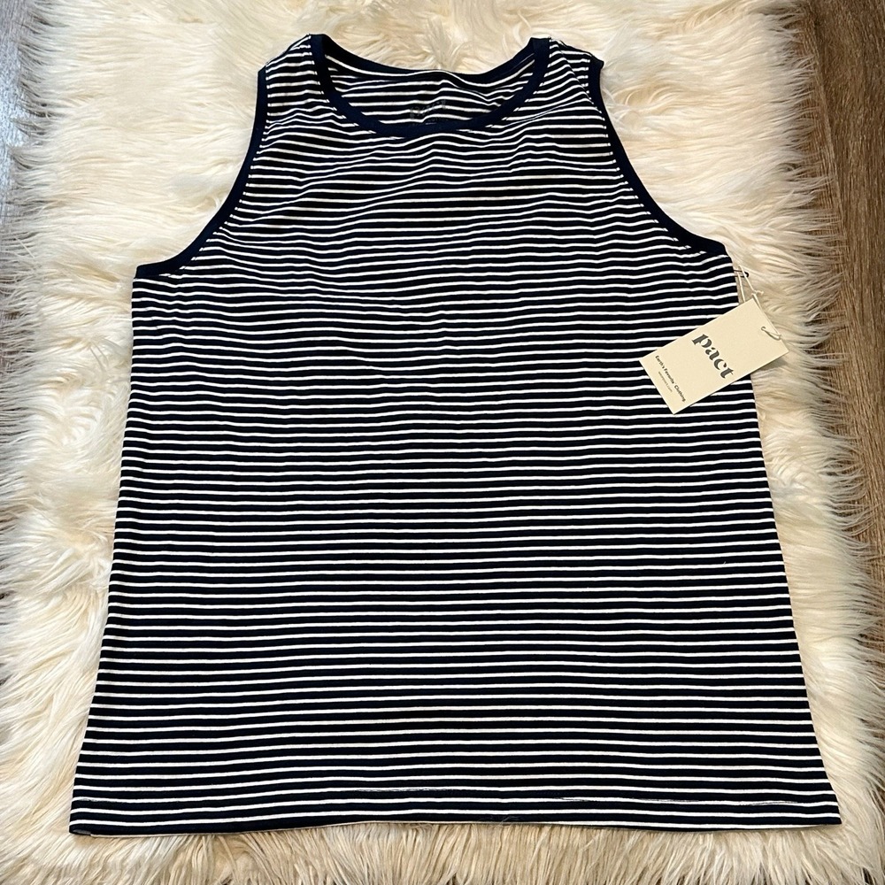PACT Organic Womens Catskill Stripe Cottone Essential Tank Size Medium Navy